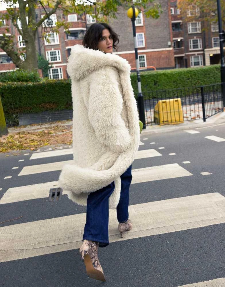 Topshop Topshop faux fur duffle hooded long coat in cream 3