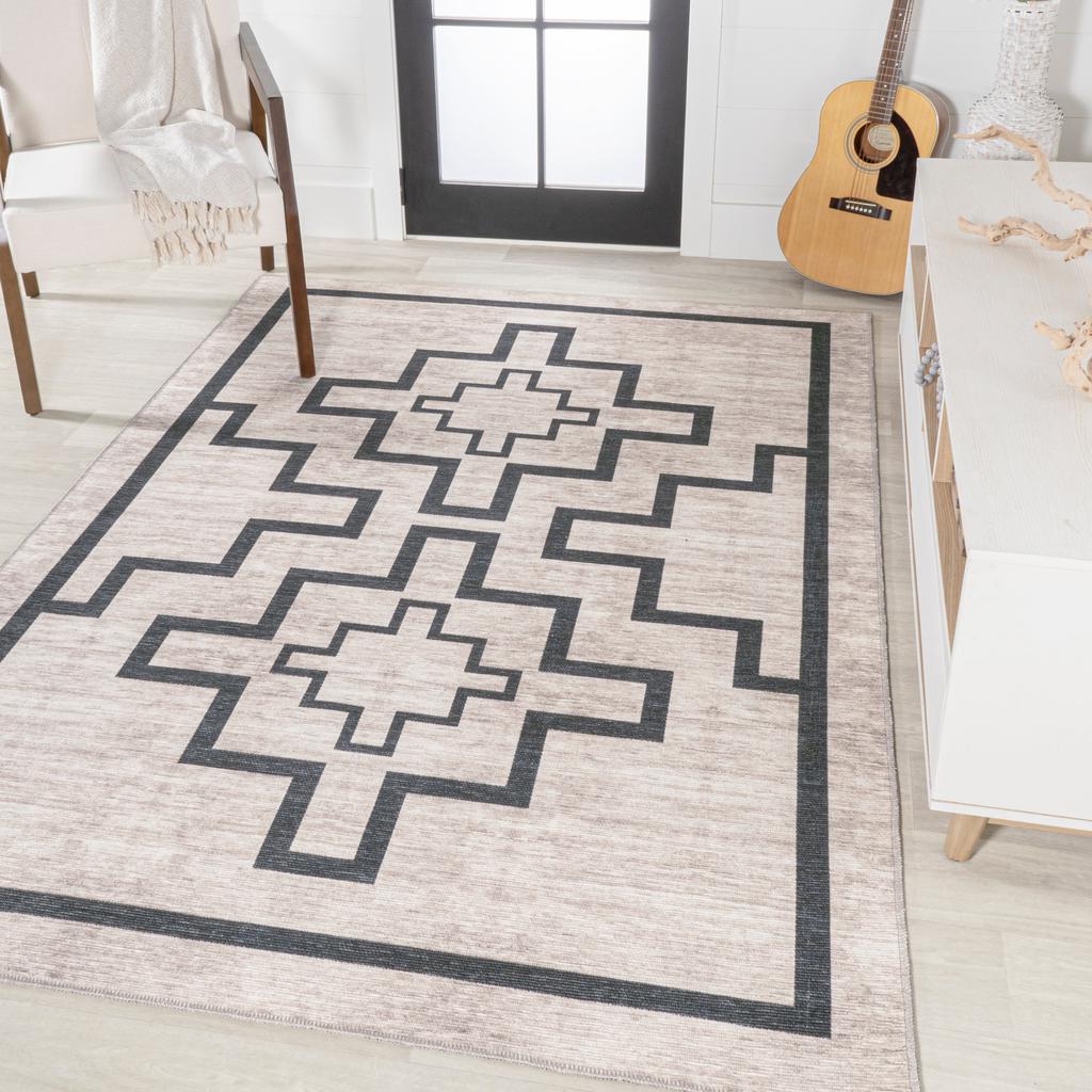 JONATHAN Y Ashkii Minimalist Medallion Machine-Washable Ivory/Black Area Rug