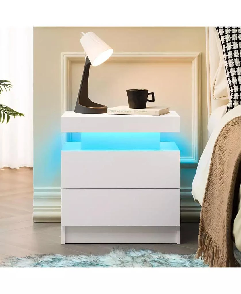 RAINSKEN LED Nightstand with 2 Drawers, Bedside Table Cabinet with Adjustable Color Lighting, Modern End Side Table for Bedroom, Living Room