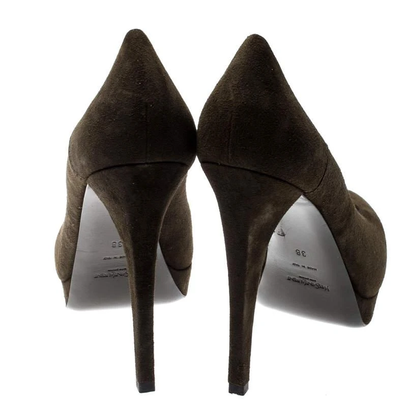 Yves Saint Laurent Saint Laurent Paris Olive Green Suede Platform Pumps 38 5