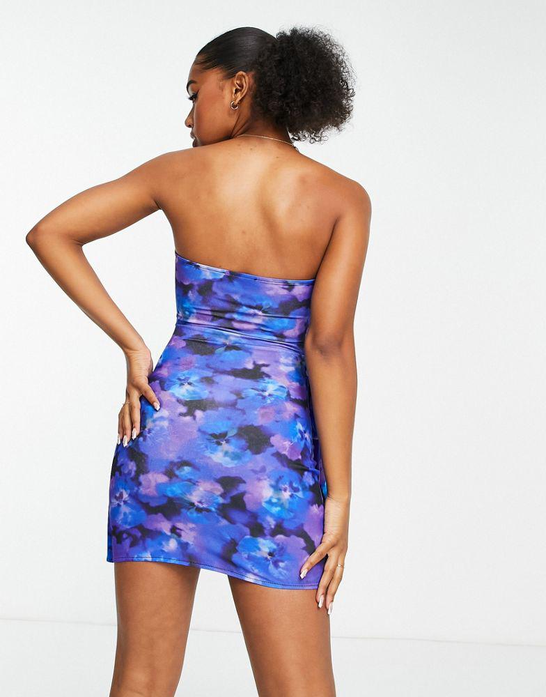 Pull&Bear Pull&Bear tie waist bandeau mini dress in blue floral