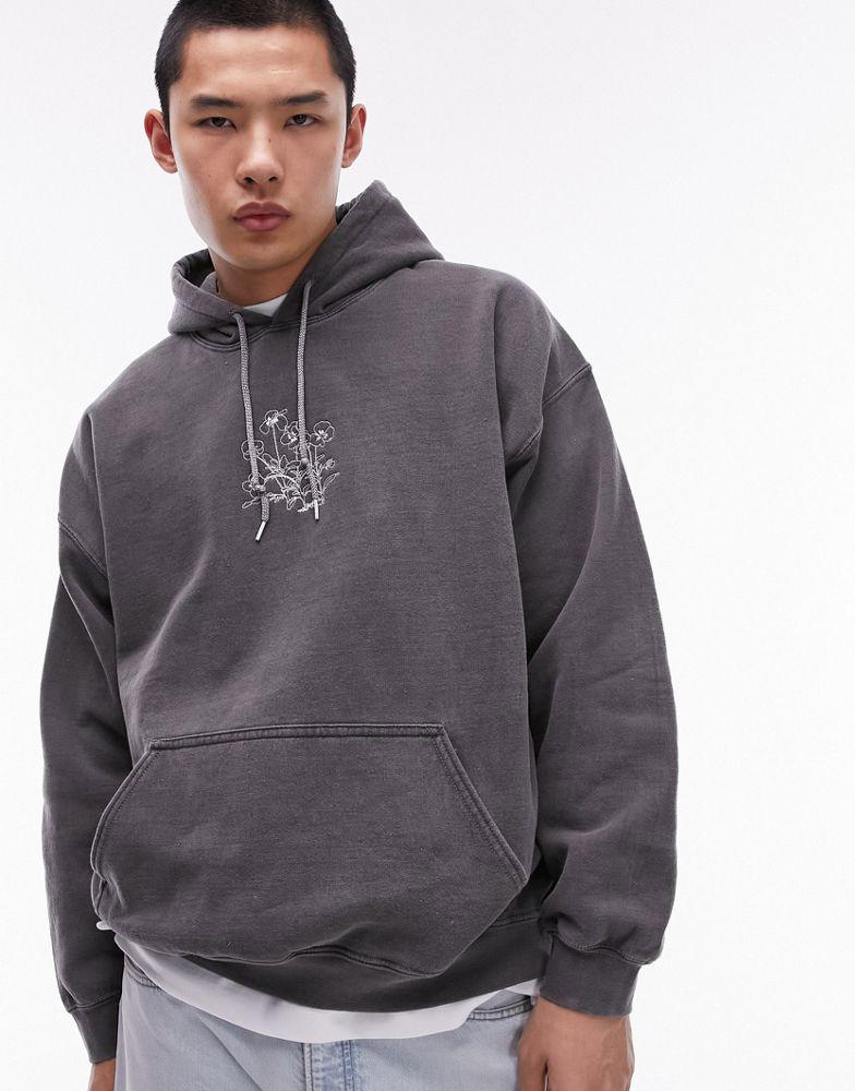 Topman Topman oversized hoodie with pansy chest embroidery in washed black