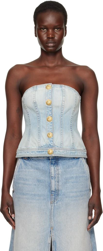 Balmain Blue Buttoned Denim Corset Top 1