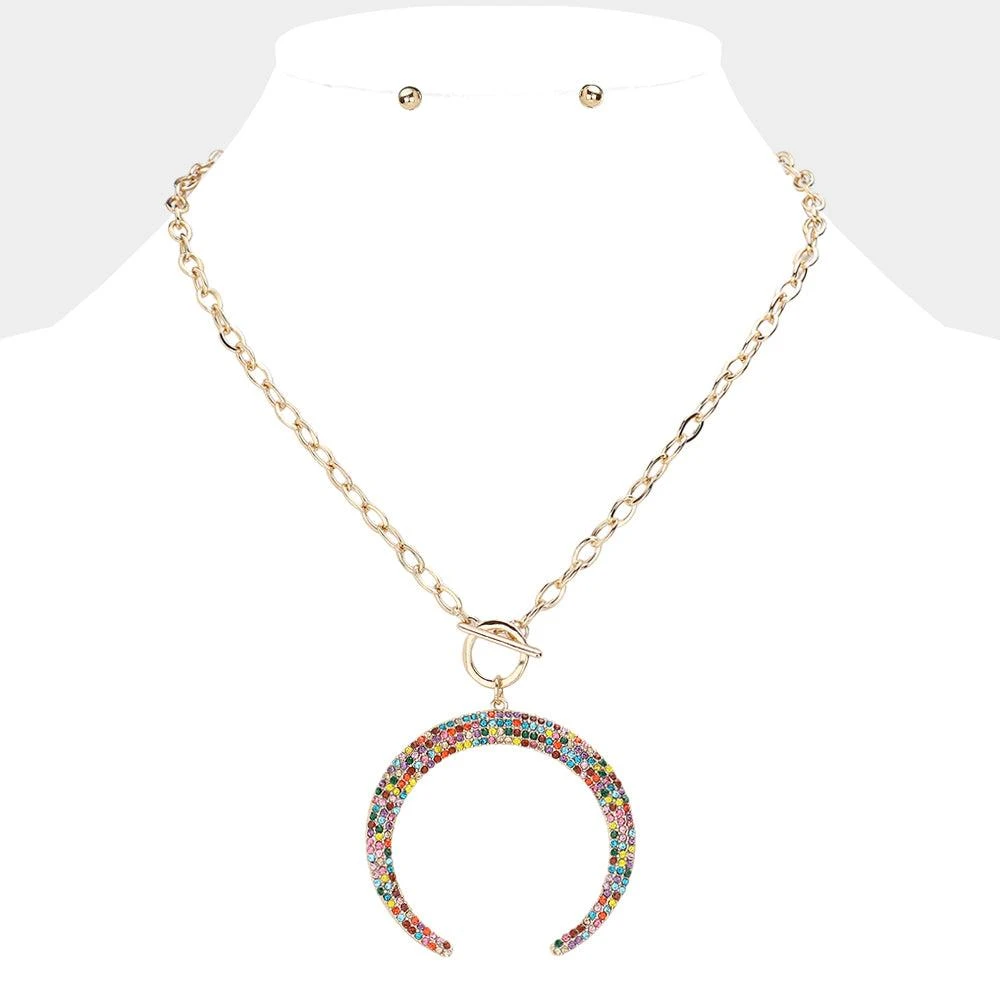 FASHNZFAB Crystal Rhinestone Pave Double Horn Toggle Necklace
