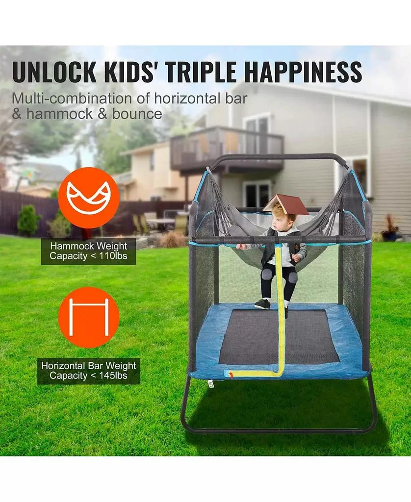 Slickblue Kids Trampoline Indoor Outdoor Mini with Gymnastics Bar Hammock for Toddlers 3+ 5