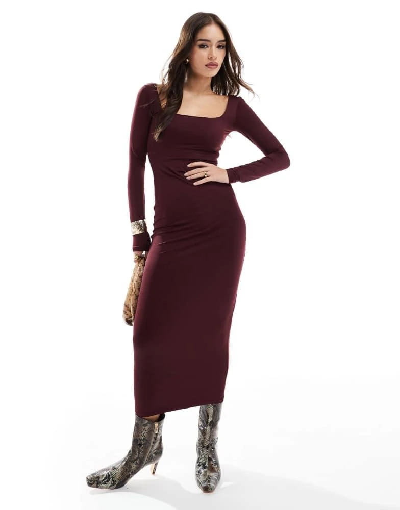 Bershka Bershka long sleeve square neck bodycon midaxi dress in burgundy 1