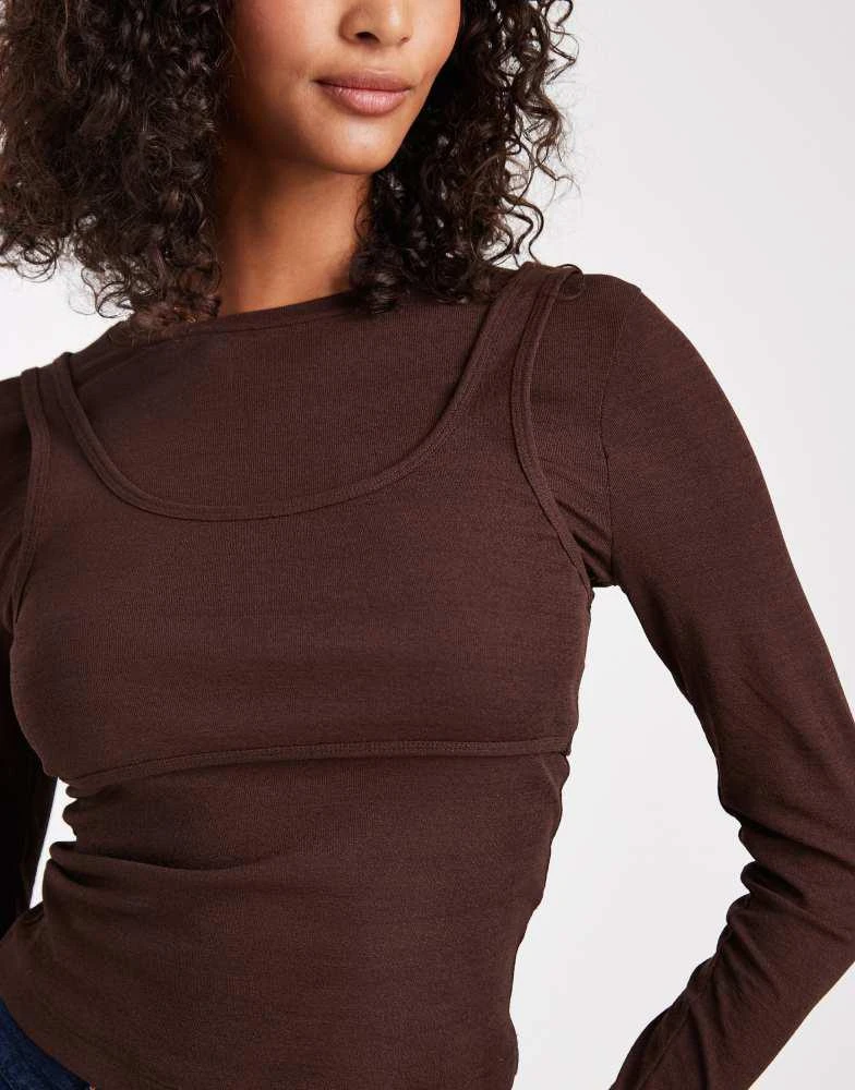 ASOS ASOS DESIGN textured mesh cami layered long sleeve top in chocolate 3