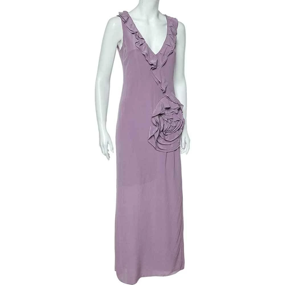 Moschino Moschino Cheap & Chic Lilac Silk Chiffon Rose Floral Draped Slit Detail Maxi Dress M 2