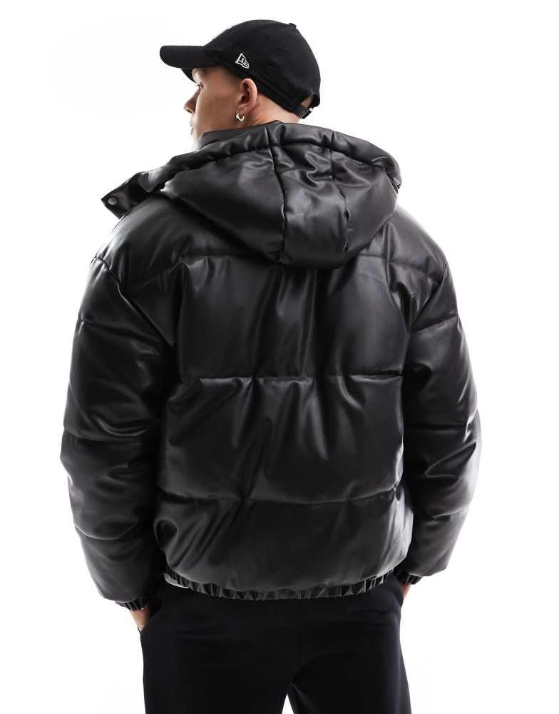 Bershka Bershka detachable hooded faux leather puffer in black 4