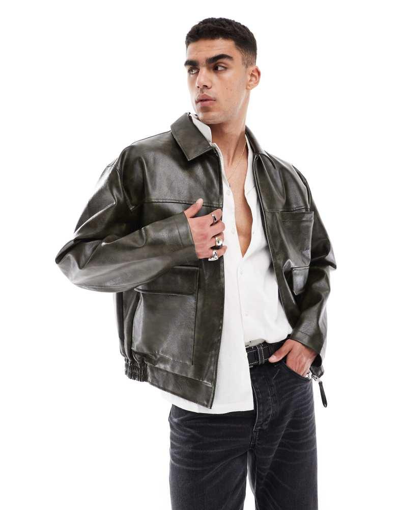 ASOS ASOS DESIGN faux leather oversized distressed harrington jacket in dark green