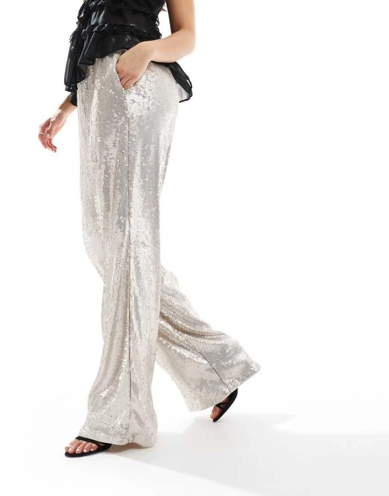 ASOS ASOS DESIGN sequin wide leg tailored trouser in cream 1
