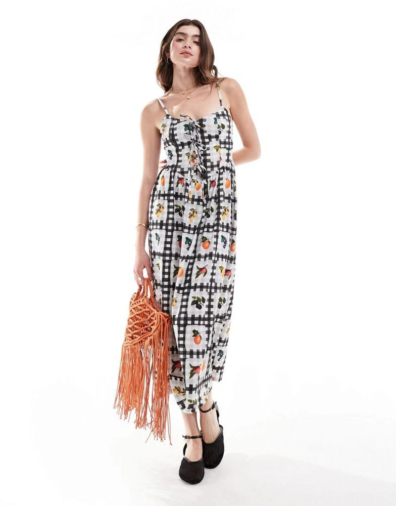 ASOS ASOS DESIGN tie front cami tea dress in black gingham fruit print 1
