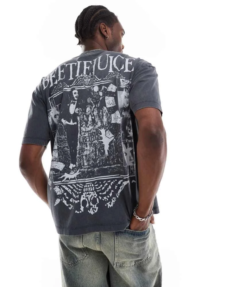 ASOS ASOS DESIGN Halloween unisex oversized t-shirt with Beetlejuice prints in washed black 1
