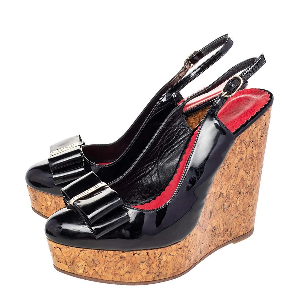 CH Carolina Herrera CH Carolina Herrera Black Leather Bow Wedge Sandals Size 37 4