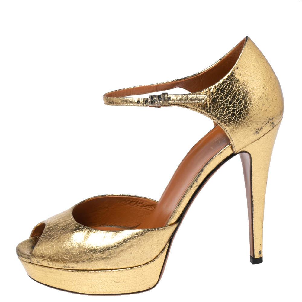 Gucci Gucci Gold Leather Ankle Strap Peep Toe Platform Sandals Size 38