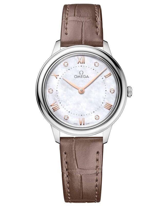 Omega Omega De Ville Prestige Quartz 30mm Mother of Pearl Diamond Dial Taupe Leather Strap Women's Watch 434.13.30.60.55.001