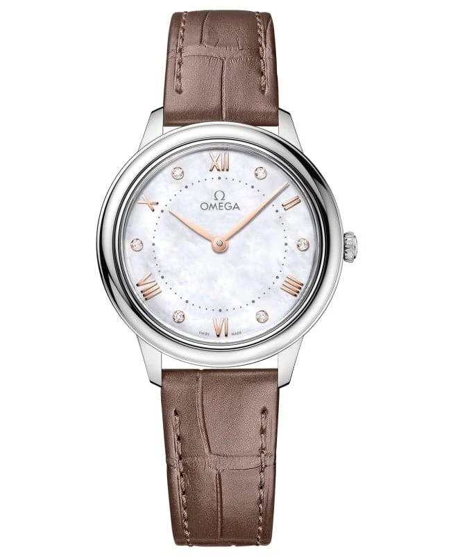 Omega Omega De Ville Prestige Quartz 30mm Mother of Pearl Diamond Dial Taupe Leather Strap Women's Watch 434.13.30.60.55.001 1
