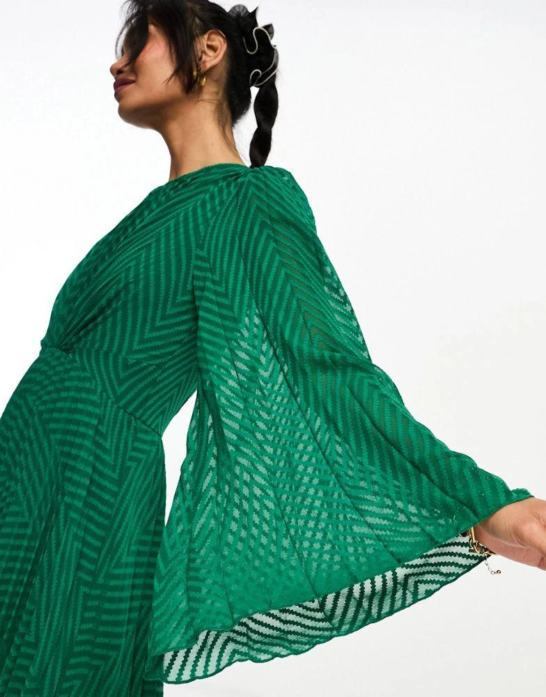 ASOS ASOS DESIGN tie back fluted sleeve pleated chevron chiffon midi dress in green 4