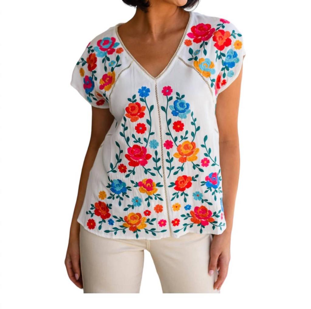 Andree By Unit Rose Garden Embroidered Blouse In White Multi