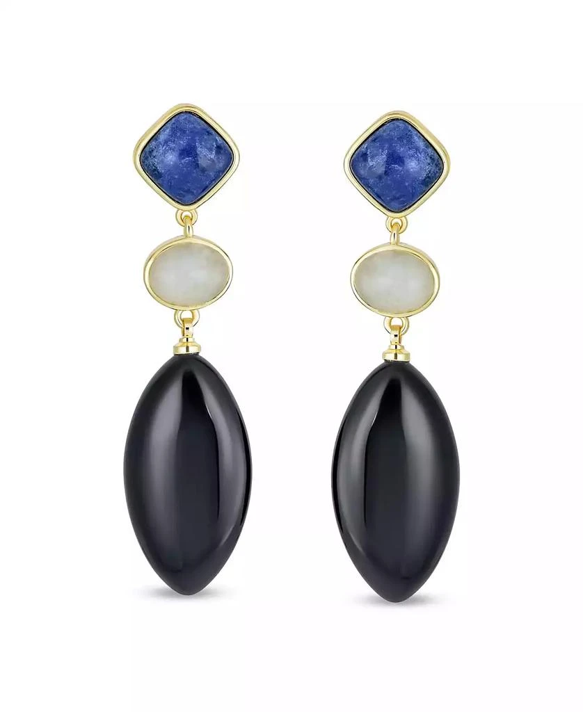 Bling Jewelry Unique Linear Long Natural Blue Lapis Black Onyx Rhombus Shape Square 3 Multi Tier Party Dangling Earrings Gold Plated 3