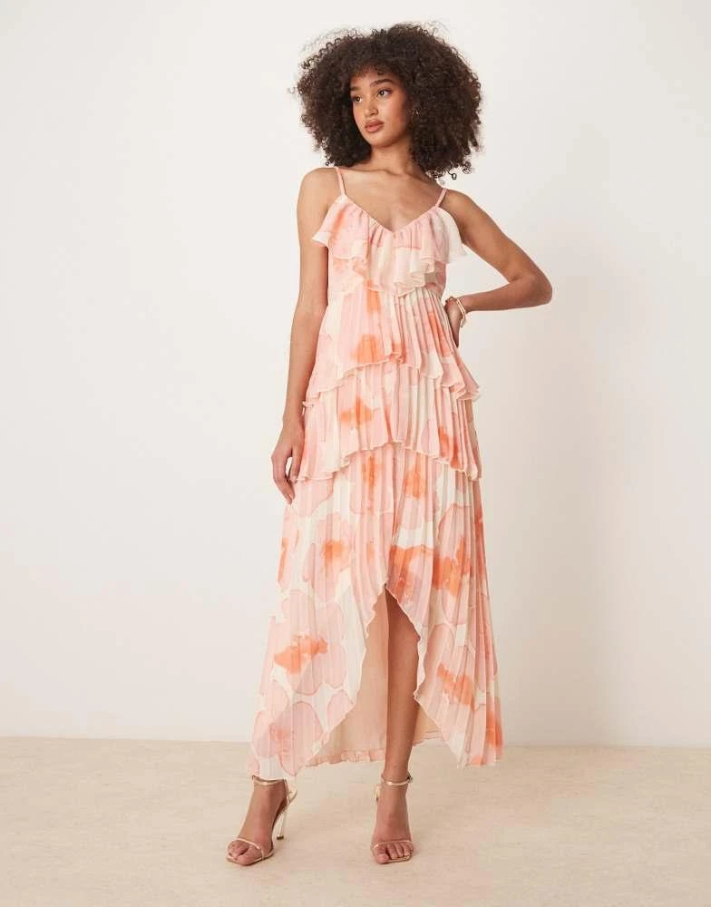 asos orange and pink dress JDY drop waist shirred midaxi dress in pink & orange print