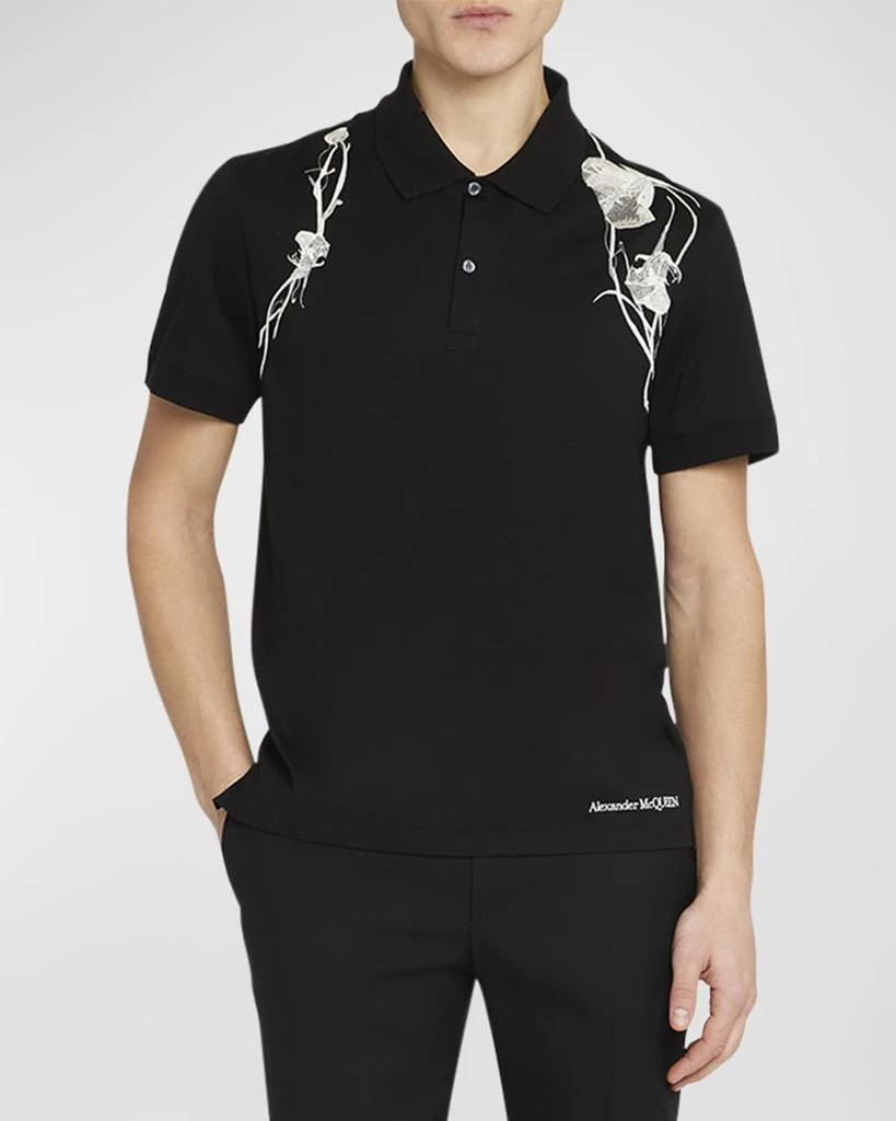 Alexander McQueen Men's Floral Embroidered Pique Polo Shirt 4