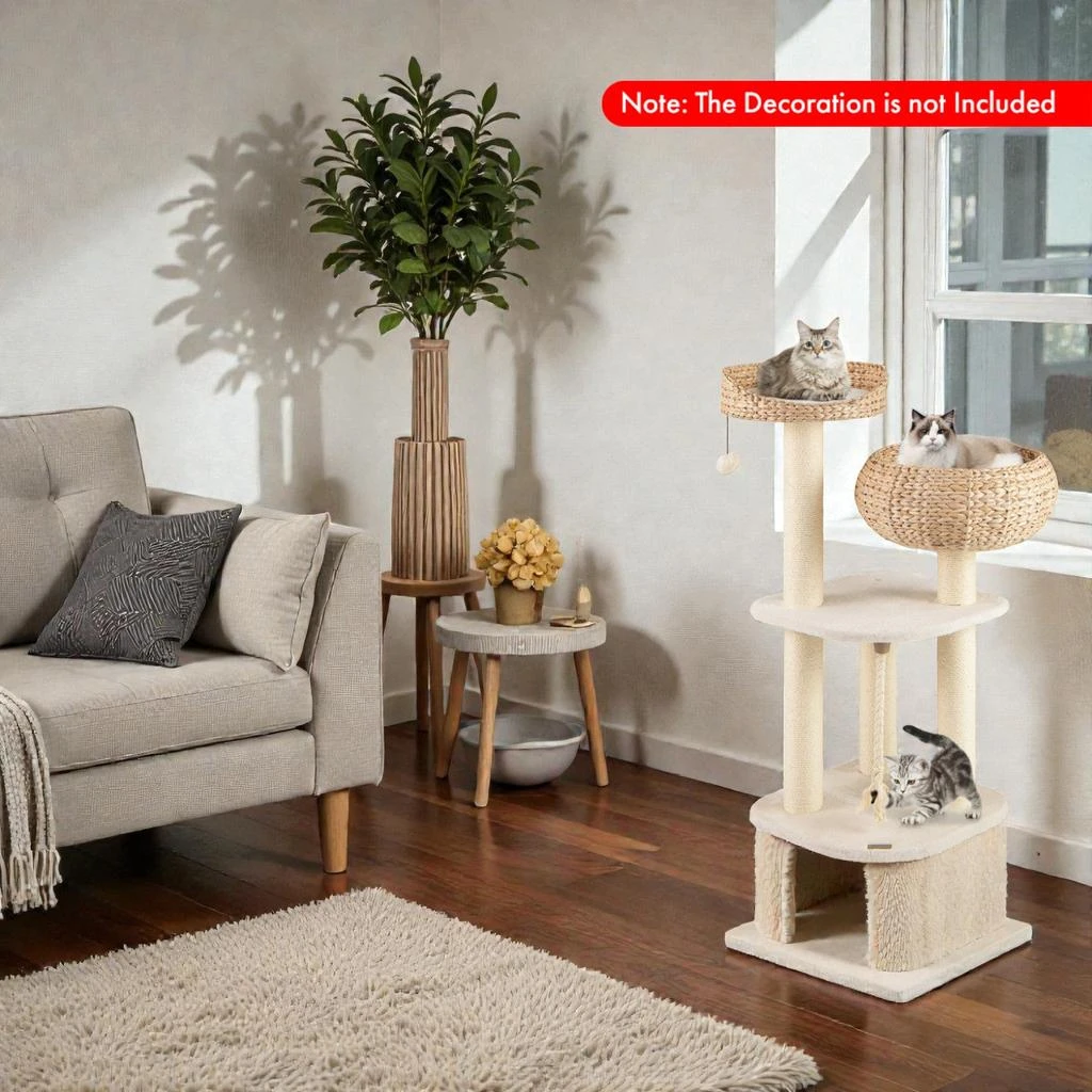 Hivvago 41-Inch Feline Activity Tower with Rattan Construction and Sleep Platform 2