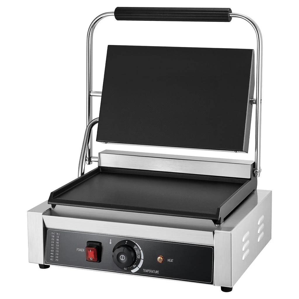 VEVOR Commercial Panini Grill, 1800W Electric Sandwich Panini Maker, Stainless Steel Sandwichs Press Grill with Handle and Temp Control, 13.5x9.3 in Full Flat Enamel Plate, for Hamburger Steak Bacon - Silver