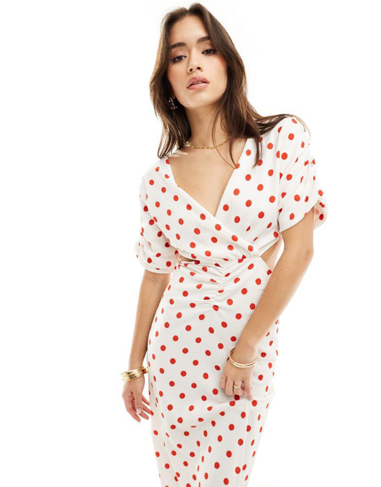 Y.A.S. YAS cut out side maxi dress with puff sleeve in white and red spot - MULTI