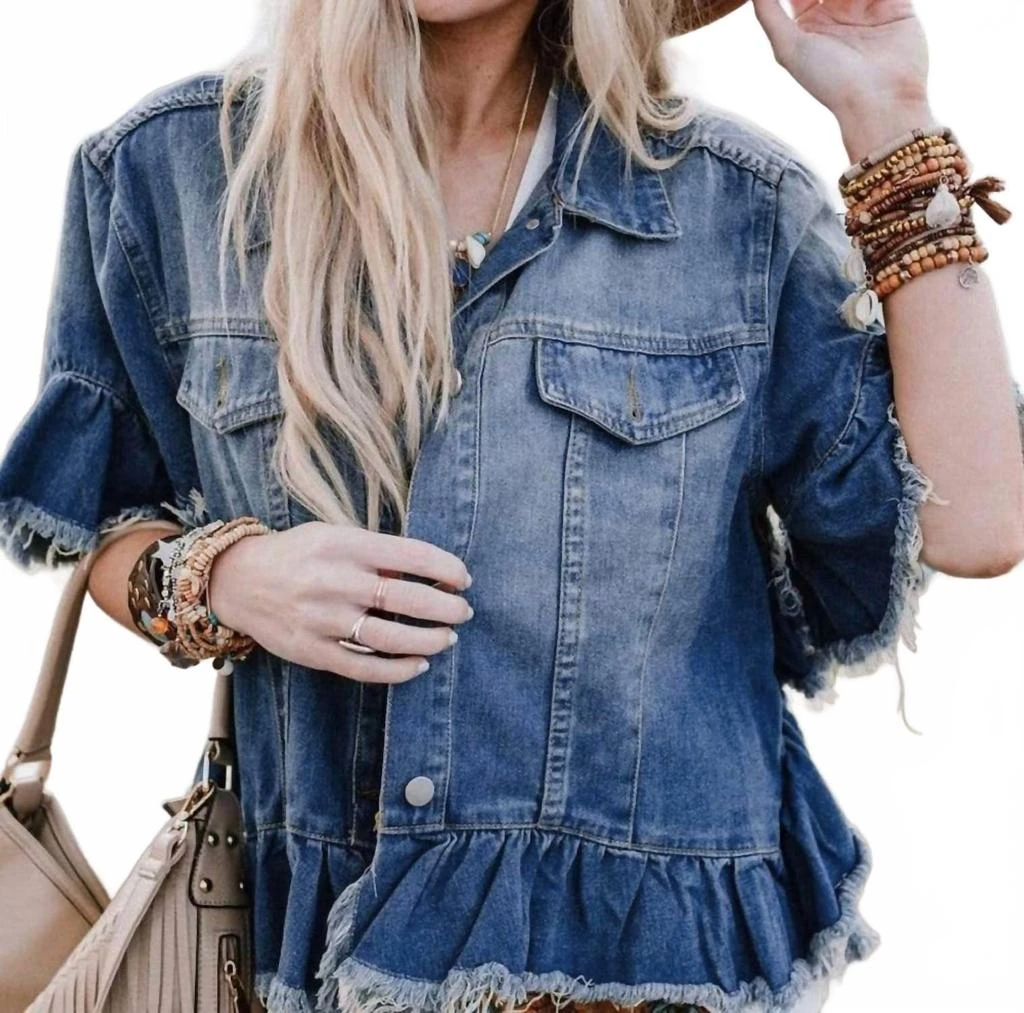 Aapparella Raw Edge Ruffled Short Sleeve Jacket In Denim