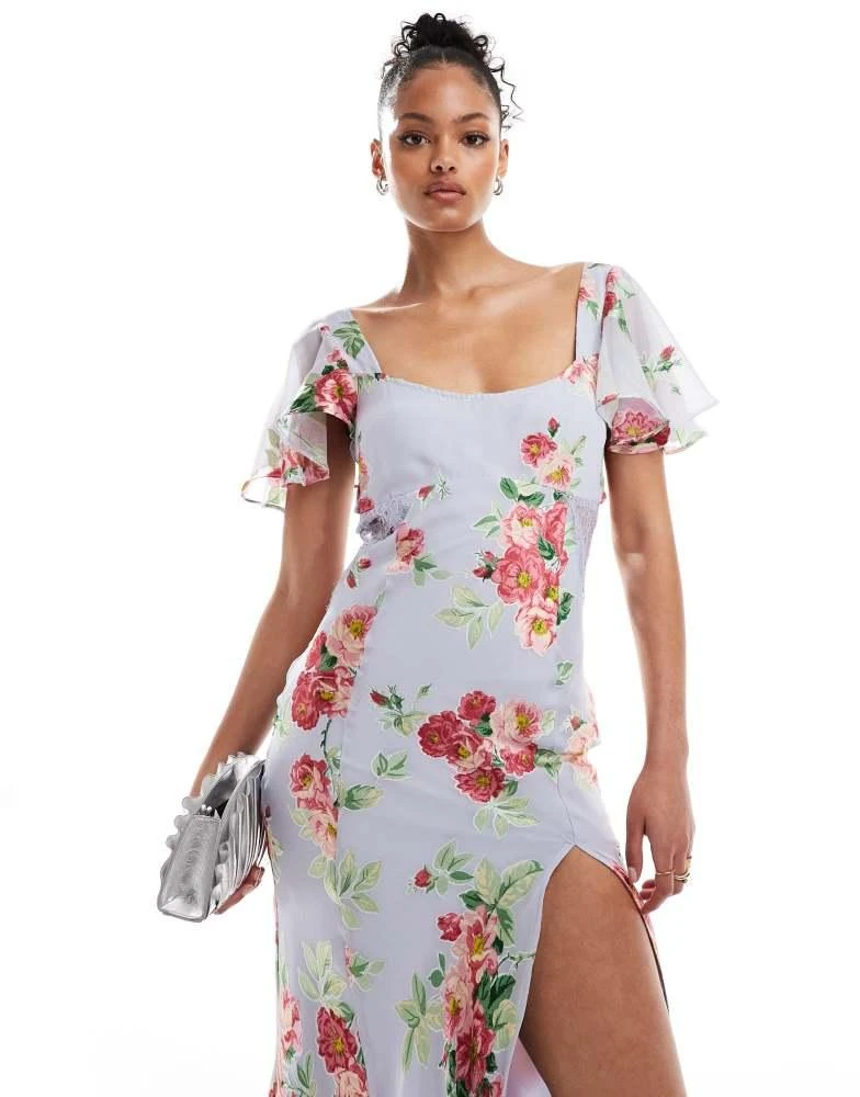 ASOS ASOS DESIGN Tall flutter sleeve maxi dress with lace insert in blue burnout floral print 4