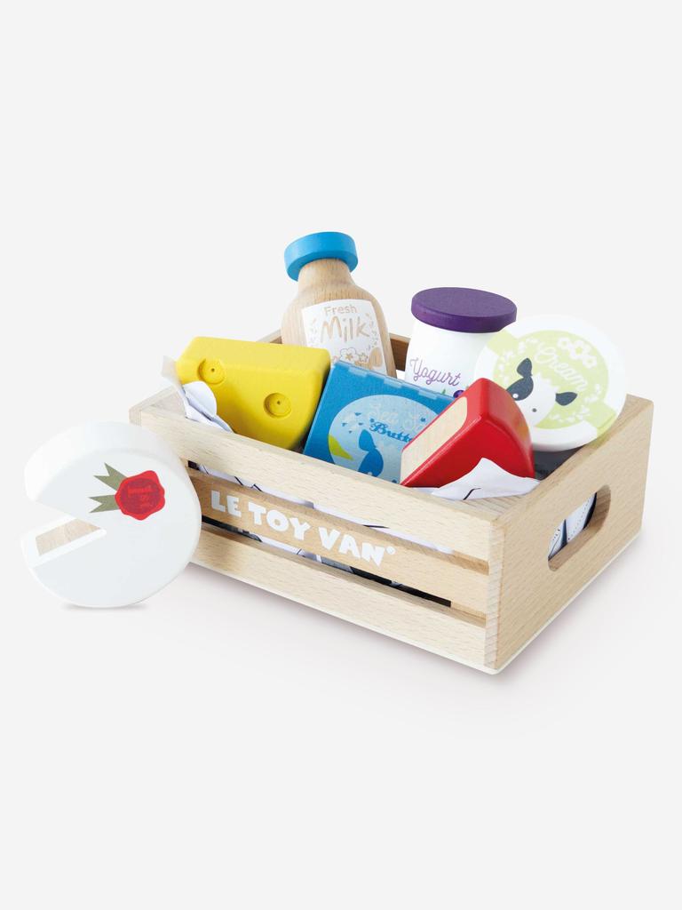 Le Toy Van Cheese & Dairy Wooden Market Crate-8 Piece (W:16cm D:11.8cm H:6cm)