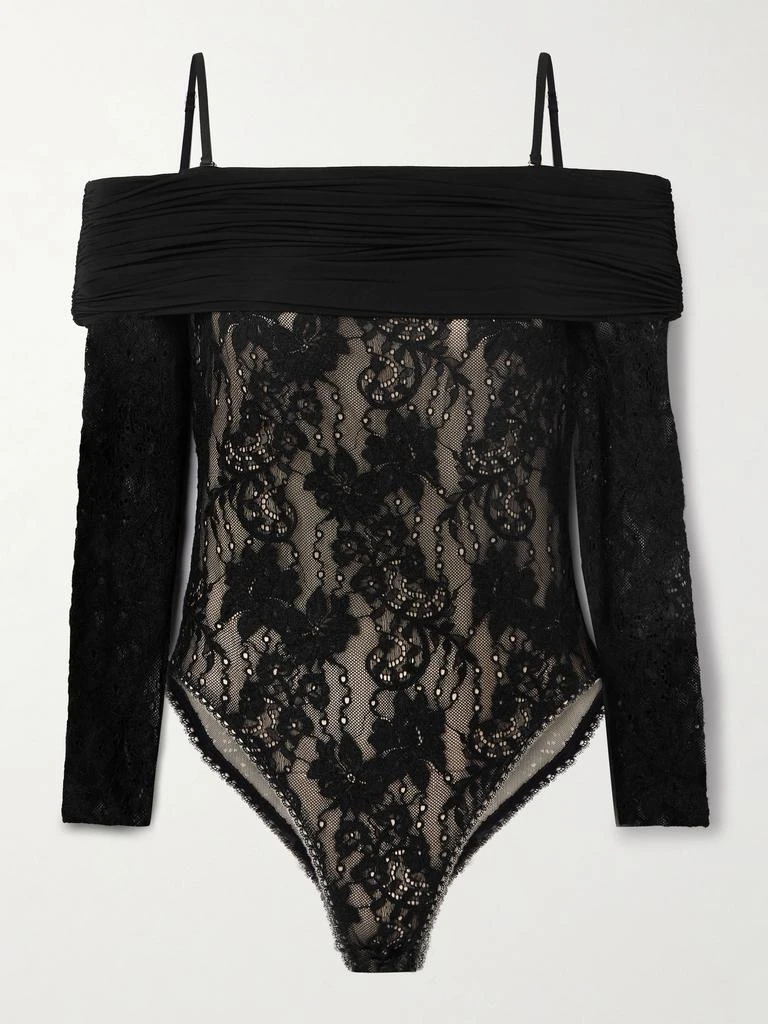 Zimmermann Off-the-shoulder Ruched Jersey And Stretch-lace Bodysuit