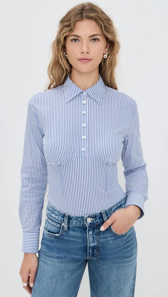 Fleur du Mal Striped Poplin Button Down Thong Bodysuit 6