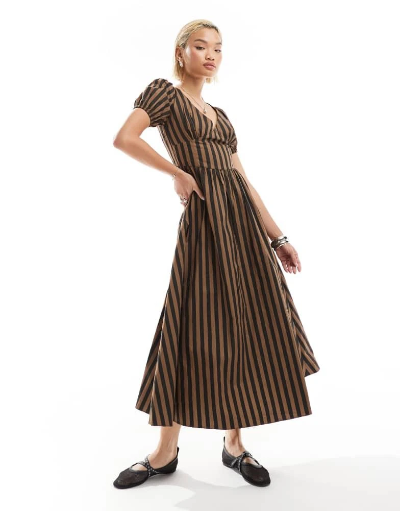 Glamorous Glamorous v neck puff sleeve romantic maxi dress in chocolate black stripe 1
