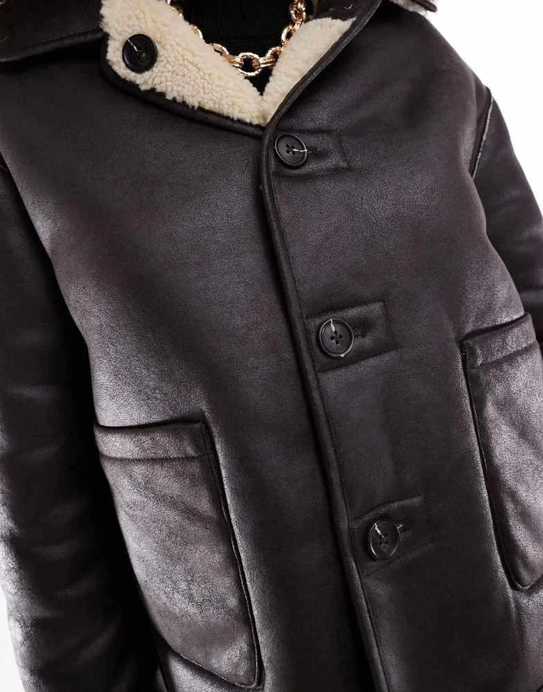 Stradivarius Stradivarius reversible borg jacket in ercu and brown 3