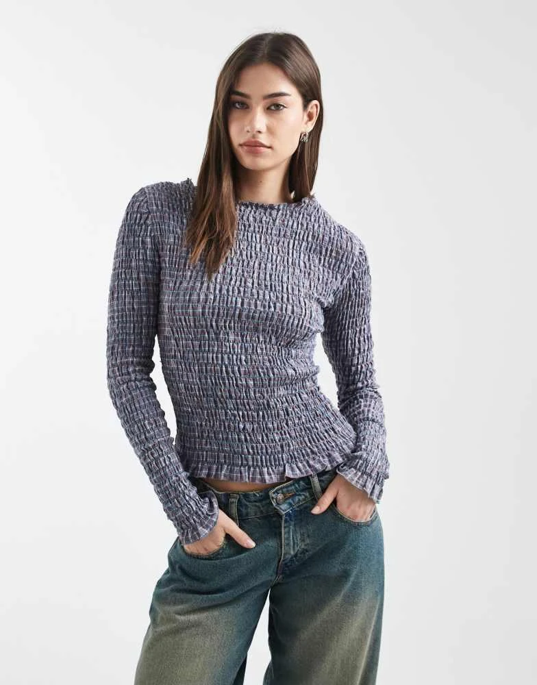 Daisy Street Daisy Street long sleeve shirred top in blue red check