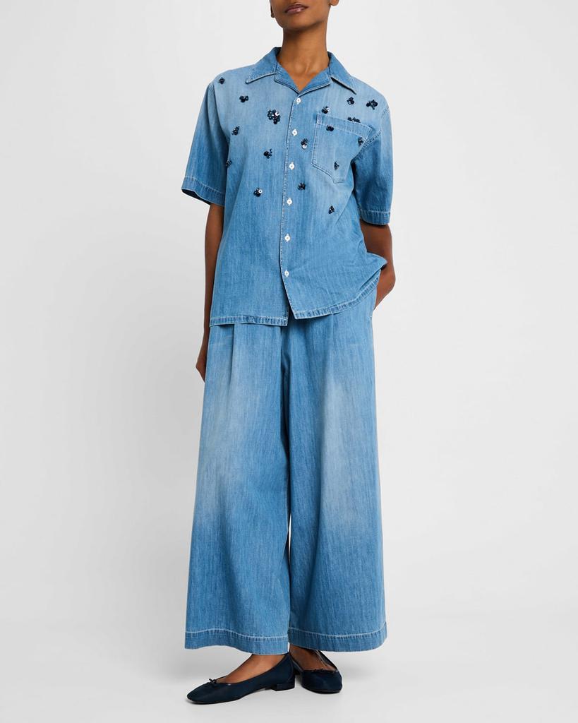 Fabiana Filippi Pleated Wide-Leg Cotton Chambray Trousers