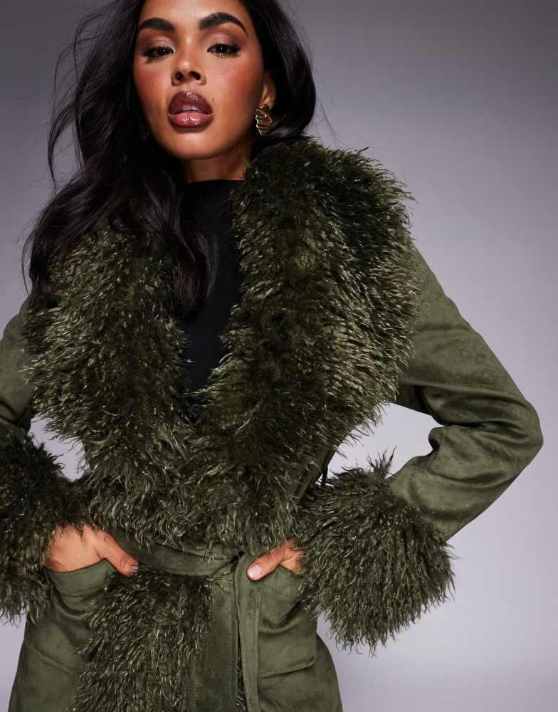 AZALEA WANG Azalea Wang Gilda suede coat with faux fur trim in