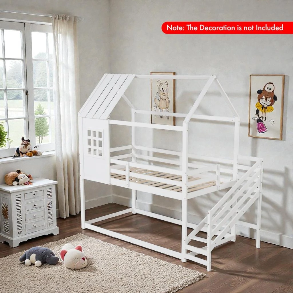 Hivvago Wooden Twin Play Bed with Roof Structure and Easy-Climb Stairs 2