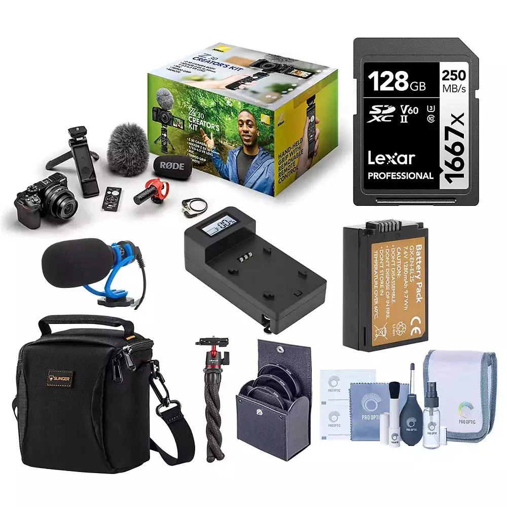 Nikon Z 30 Mirrorless Camera Creator
s Kit, Bundle with 128GB Memory Card, Shoulder Bag, TASC300 Microphone, MT-11 Tripod, EN-EL25 Battery, Charger