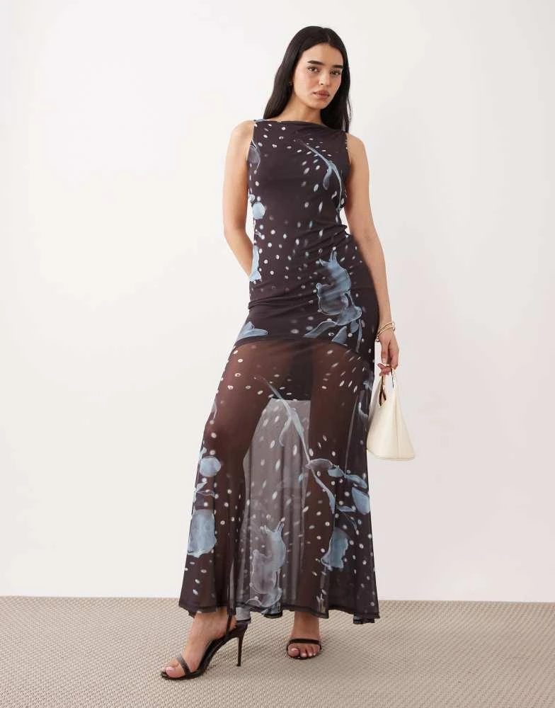 formal long sleeve brown dress Satin panel mock neck long sleeve maxi dress - Light Brown main image 0