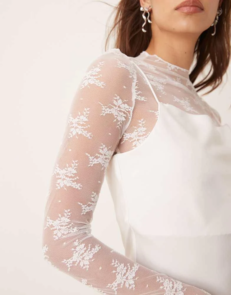 YAS YAS long sleeve lace underlay cami satin dress in gardenia white 3