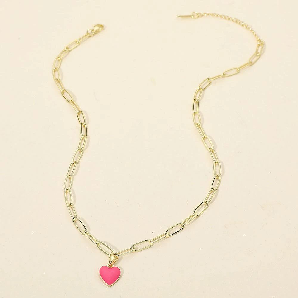 FASHNZFAB Stainless Steel Enamel Heart Pendant Paperclip Chain Necklace 2
