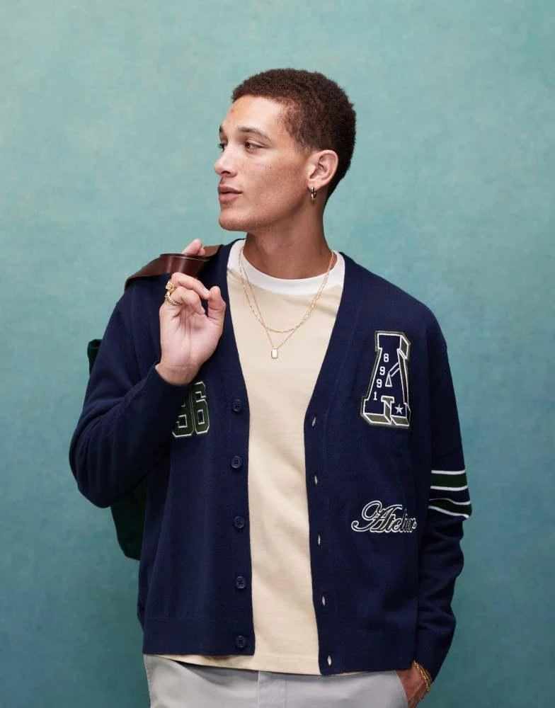 ASOS DESIGN oversized boxy fit knitted varsity cardigan in navy