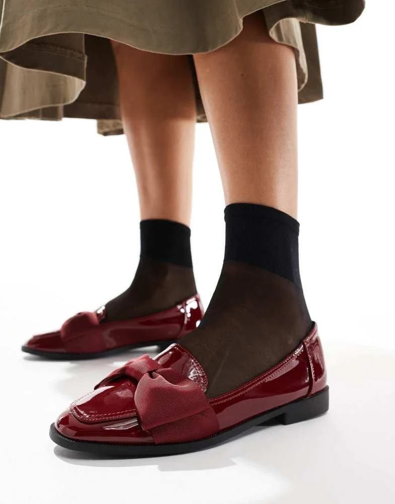 ASOS ASOS DESIGN Wide Fit Mentor bow loafer flat shoes in burgundy patent 1