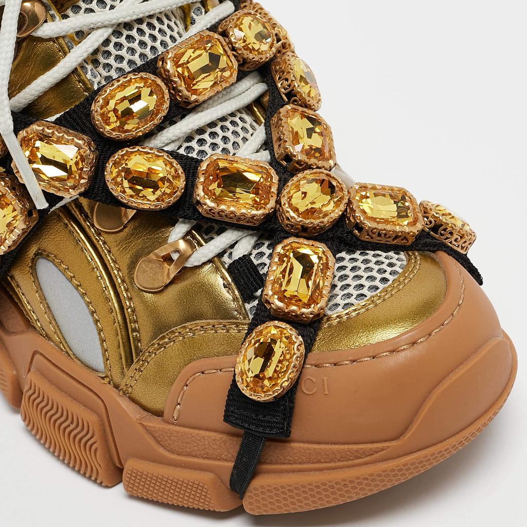 Gucci Gold Leather and Mesh Flashtrek Sneakers Size 35 – On Sale