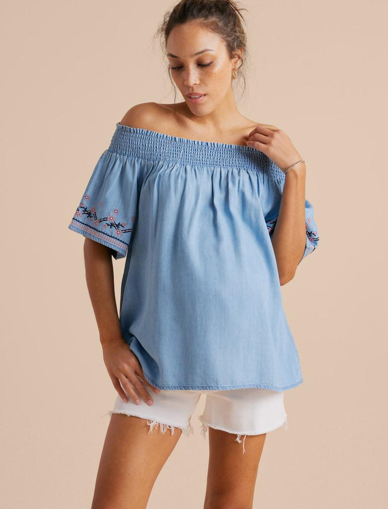 A Pea in the Pod Embroidered Chambray Maternity Top