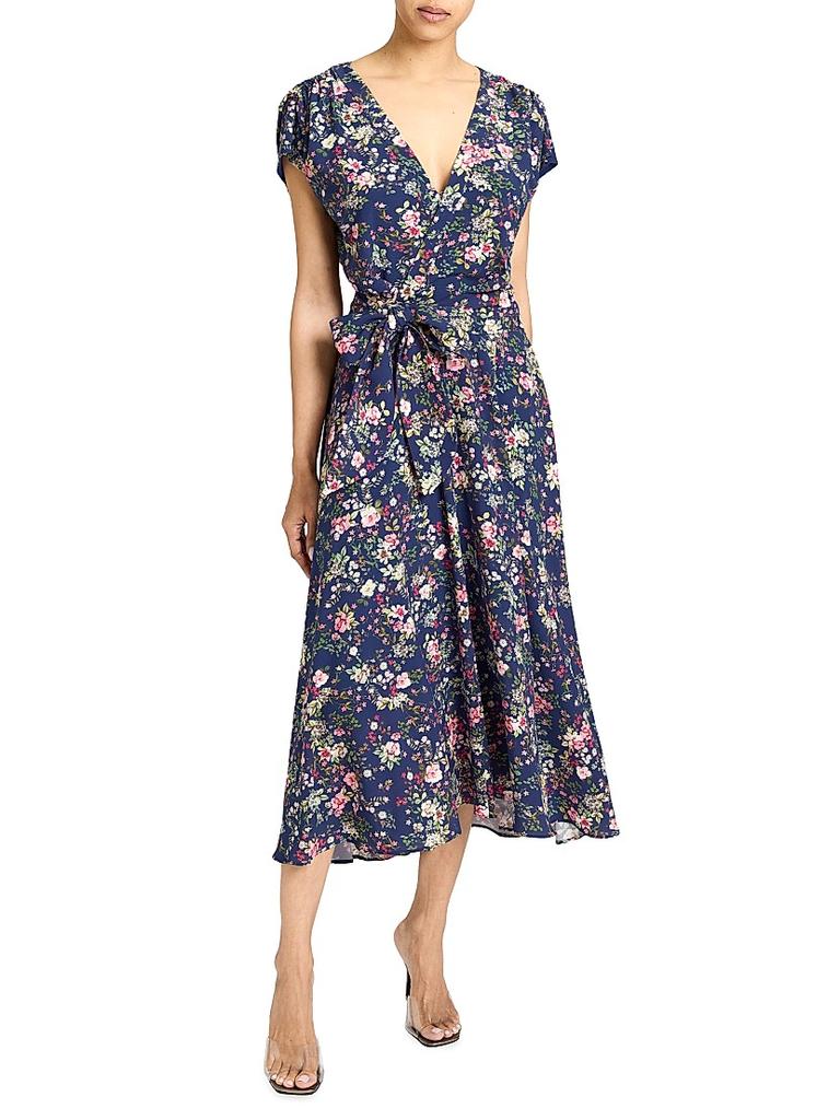 Santorelli Floral Faux-Wrap Midi-Dress