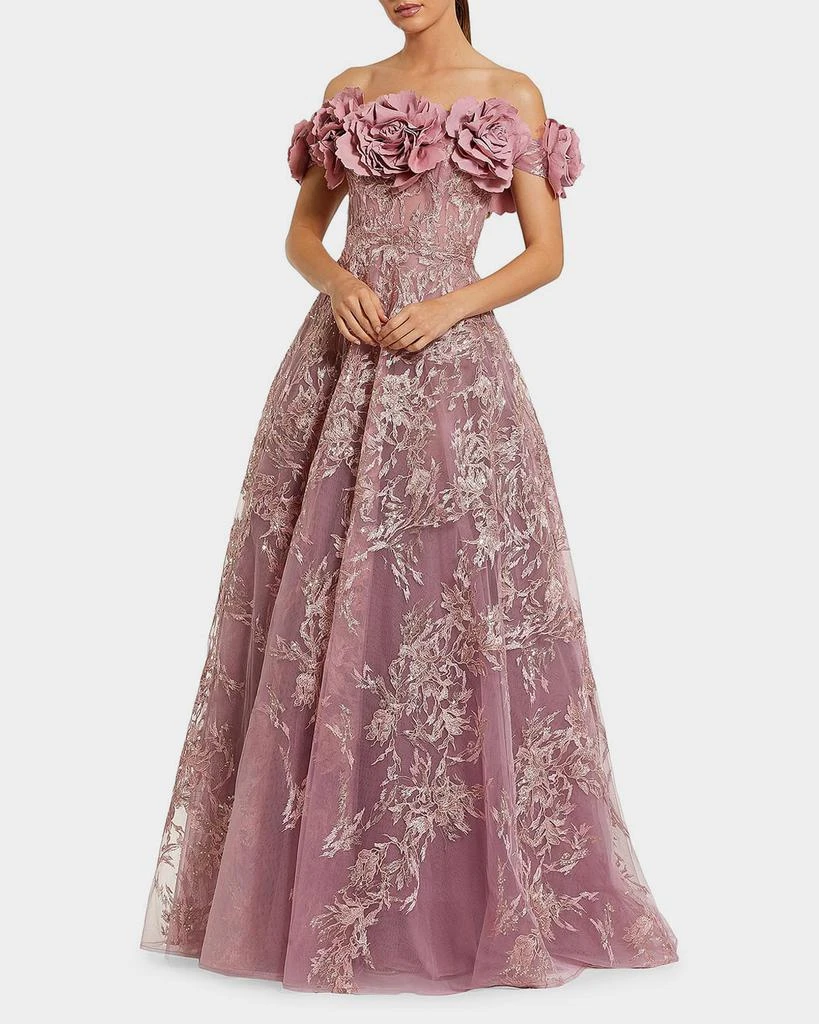 Mac Duggal Sequin-Embroidered Off-the-Shoulder A-Line Gown